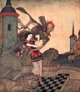 "Der Prinz, der hinausschaute, sah ihn die Prinzessin aufheben und schnell davonfliegen", Illustration aus dem serbischen Märchen Die Geschichte von Bashtchelik, aus Edmund Dulacs Märchenbuch: Märchen der Alliierten Nationen, veröffentlicht 1916 von Edmund Dulac