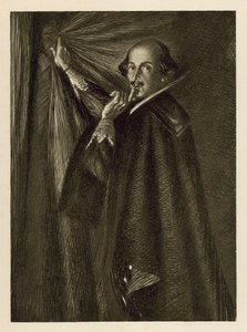 William Shakespeare hält den Vorhang und fordert uns auf, leise zu sein von Edmund Joseph Sullivan