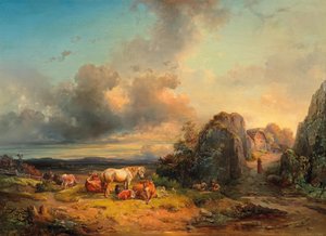 Tierherde und figürliche Staffage vor einer weiten Landschaft von Edmund Mahlknecht