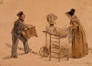 Ein Mann mit einer Drehorgel und ein Kaffeeverkäufer