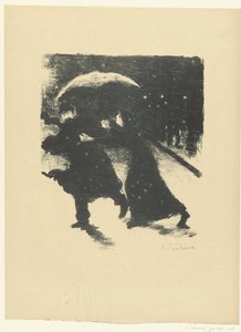 Mann und Frau unter einem Regenschirm im Schnee bei Nacht