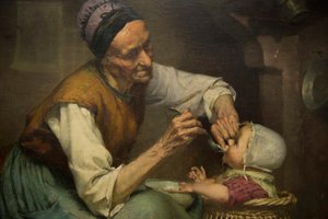 Eine alte Frau füttert ihre Enkelin in einem Weidenkinderwagen von Edouard Jerome Paupion