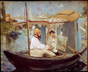 Claude Monet malt in seinem Atelierboot