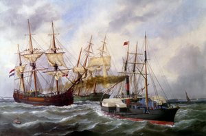 Zwei Dreimaster von Le Neptune in Le Havre im Jahr 1882 von Edouard Marie Adam