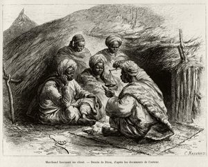 Ein Händler fasziniert einen Kunden, der auf dem Boden auf einer kleinen Matte sitzt und den Artikel mit einer Waage hält. Gravur von Riou zur Illustration der Geschichte „Vom Niger zum Golf von Guinea“ von Kapitän Louis Gustave Binger (1856-1936), 1887-1 von Edouard Riou