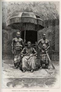 Ardjoumani (gestorben 1892) und seine Söhne, König von Bondoukou (Elfenbeinküste). Gravur von Riou, zur Illustration der Geschichte „Vom Niger zum Golf von Guinea“ von Hauptmann Louis Gustave Binger (1856-1936), 1887-1889, in Le Tour du monde. von Edouard Riou