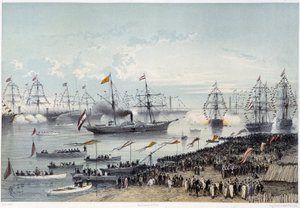 Ankunft Seiner Majestät des Kaisers von Österreich in Port Said - in Einweihung des Suezkanals von G. Nicole. 1869
