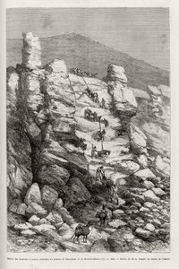 Aspekt der Höhen mit senkrechten Wänden am Dasoulami- und Bobodioulasou-Plateau (Golf von Guinea), Beschreibung der Techniken zum Einhaken der Berge des Expeditionskonvois. Gravur von Riou, zur Illustration der Geschichte „Von Niger zum Golf von Guinea“ von Edouard Riou