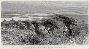 Gefangene tragen Holz im Busch. Gravur von Riou zur Illustration der Geschichte From Niger to the Gulf of Guinee von Edouard Riou