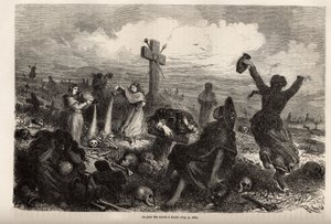 Feier des Festes der Toten in Cuzco, Zeichnung von Riou, zur Illustration der Reise von Paul Marcoy durch Südamerika von 1848 bis 1860. Gravur in „Le tour du monde“, herausgegeben von Edouard Charton von Edouard Riou