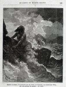 Dantès entkommt schwimmend - Gravur von Riou, in „Der Graf von Monte Cristo“ von A. Dumas, ed. Jules Rouff & Cie von Edouard Riou