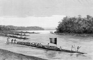 Abreise aus dem Dorf Lambarene in Afrika. In „Reise in Westafrika“ von Brazza