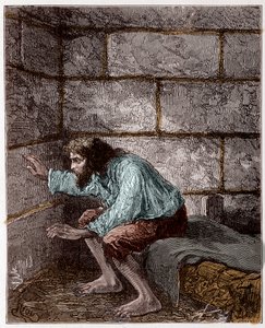 Edmond Dantes, alias der Graf von Monte Cristo in seinem Gefängnis - Gravur von Riou in "Der Graf von Monte-Cristo" von Alexandre Dumas