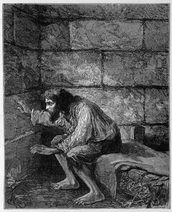 Edmond Dantès, der Graf von Monte Cristo in seinem Gefängnis - Gravur von Riou, in „Der Graf von Monte-Cristo“ von Alexandre Dumas, Rouff & Cie