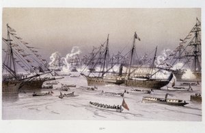 Einfahrt des Adlers nach Port Said zur Einweihung des Suezkanals - in "Durch den Isthmus von Suez" von Riou, Marius Fontaine von Edouard Riou