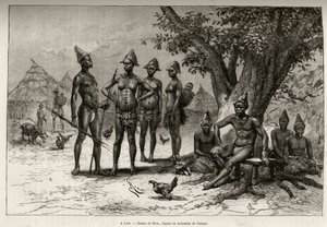 In Lera (oder Dera, Niger), Typen von Mandes. Gravur von Riou zur Illustration der Geschichte „Vom Niger zum Golf von Guinea“ von Hauptmann Louis Gustave Binger (1856-1936), veröffentlicht in Le Tour du monde von Edouard Riou