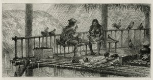 Innenszene in San Pablo, eine Familie, die sich vor dem Regen schützt, der Vater raucht eine Zigarillo, die Mutter stillt zwei Babys, und das Kind spielt mit einem kleinen Tier, auf dem Boden auf einer Tierhaut liegend, Illustration von Riou
