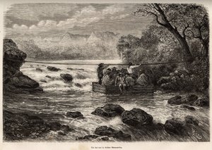 Die Überquerung mit der Fähre des Mesacancha-Flusses (Unteres Peru), Gravur von E. Riou zur Illustration der Reise in die Berge, das Tal von Huarancalqui und die Regionen von Pjonal, 1862-1863, von Paul Marcoy, veröffentlicht in „Le tour du monde“ 1875 von Edouard Riou