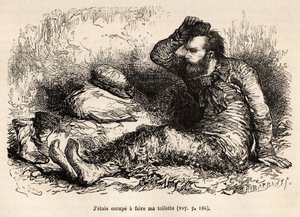 Leutnant Tyson bei seiner morgendlichen Toilette, ein Kamm vor dem Anziehen seiner Stiefel, Radierung nach einer Zeichnung von E. Riou, die die Geschichte des Polaris-Eisfloßes von Leutnant Tyson in 1870-1873 illustriert, veröffentlicht in "Le tour du mond von Edouard Riou