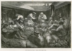 Verloren und erschöpft vor Müdigkeit, wird die Besatzung der Expedition von dem russischen Fischereifahrzeug Nicholas aufgenommen und beendet die Reise in den Laderäumen des Schiffes, gestapelt zwischen der Fischladung und Jagdtrophäen (Hirschgeweih, Eisbä von Edouard Riou