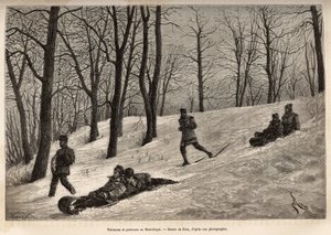 Schlitten und Schlittschuhläufer auf dem Plateau des Mont-Royal, in der Nähe von Montreal, Gravur nach einer Zeichnung von Riou, zur Illustration des Ausflugs nach Kanada und der Riviere Rouge du nord, von H. De Lamotte, 1873, veröffentlicht in „Le tour du von Edouard Riou
