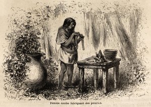 Herstellung von Töpferwaren durch einen Conibo-Indianer aus Peru, Zeichnung von Riou zur Illustration der Reise von 1848 bis 1860 von P. Marcoy, vom Pazifischen Ozean zum Atlantischen Ozean. Gravur in „Le tour du monde“, herausgegeben von Edouard Charton