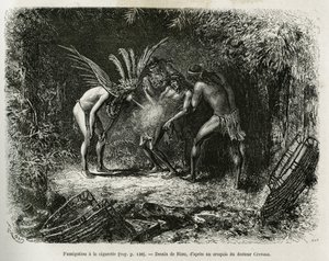 Medizinische Räucherung mit Zigaretten bei den Roucouyan-Indianern. Gravur von Riou, um die Geschichte von Cayenne aux Andes von Jules Crevaux, Arzt der französischen Marine, in 1878-1879 zu illustrieren, veröffentlicht in der Tour du monde, unter der Leit