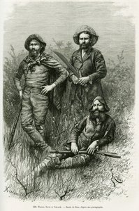 Mitglieder der Expedition: Herr Thouar, Herr Novis und Herr Valverde. Gravur von Riou, zur Illustration der Geschichte 