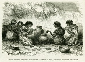 Alte indische Frauen machen Shisha. Gravur von Riou zur Illustration der Geschichte Voyage dans le delta du Pilcomayo et de Buenos Aires a Sucre