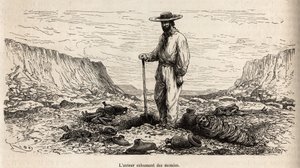 Paul Marcoy exhumiert Inka-Mumien (Unteres Peru), Gravur von E. Riou zur Illustration der Reise in die Berge, das Tal von Huarancalqui und die Regionen von Pjonal, 1862-1863, von Paul Marcoy, veröffentlicht in „Le tour du monde“ 1875, herausgegeben von Edo