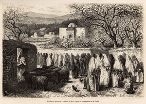 Prozession zum Marabout de Tlemcen (Grab mit einer Kuppel eines verehrten Mannes des Islam), graviert nach einer Zeichnung von E. Riou, zur Illustration der Reise nach Tlemcen (Algerien), von E. de Lorral, 1875, veröffentlicht in „Le tour du monde“ 1875, h