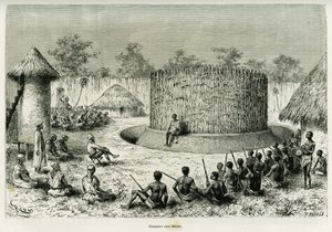 Empfang bei Mkwewe, Stammeshäuptling, mit dem Erzähler. Gravur von Riou zur Illustration der Geschichte „Die Seen des äquatorialen Afrikas“ von Victor Giraud, Schiffsfähnrich, 1883-1885, in Le Tour du monde 1886, unter der Leitung von Edouard Charton (1807