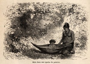 Das Bad des Kindes in einem Palmblatt. Zeichnung von Riou, zur Illustration der Reise vom Pazifik zum Atlantik