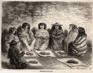 Das Kauen von Gunapo zur Herstellung von Chicha in Comtapata, Erbe der Fermentationstechnik der alten Aymara-Indianer von Oberperu. Zeichnung von Riou zur Illustration der Reise durch Südamerika 1848-1860 von Paul Marcoy von Edouard Riou