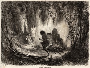 Das Brennen von Töpferwaren durch die Conibo-Indianer von Peru, mit der Anwesenheit einer alten Frau, die singt und um das Feuer tanzt, um böse Geister davon abzuhalten, die Töpferwaren zu berühren und zu zerbrechen