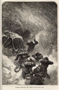 Die Besatzung des Schiffes La Germania, die auf dem Eis für ein Jagdspiel abgestiegen war, wurde von einem Schneesturm überrascht, während sie den Schlitten mit ihrem Material schleppte, Gravur nach der Zeichnung von E. Riou, zur Illustration einer Reise z von Edouard Riou