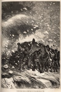 Das Boot der Besatzung wird in einem schrecklichen Sturm gefangen, die Männer ohne Seile und Haken halten ihr Boot mit der Kraft ihrer Arme, geätzt nach einer Zeichnung von E. Riou, die die Geschichte der Polaris, Eisscholle, von Leutnant Tyson, 1870-1873,