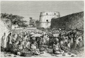 Der Obstmarkt von Sansibar (Tansania). Gravur von Riou zur Illustration der Geschichte „Reise nach Benadir, die Omalis und Bayoun“ 1882-1883, von M.G. Revoil. Veröffentlicht in Le Tour du monde, nouveau journal des voyages