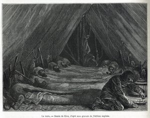 Das Innere des Zeltes auf der Eisscholle, Zeichnung von Riou, um die Geschichte einer Reise zum Polarmeer in 1875-1876 von Kapitän G. S. Nares (1831-1915) zu illustrieren. Gravur in Le tour du monde