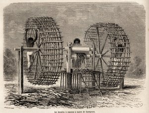 Die Zuckerrohrmühle von Sarayacu (Peru), Zeichnung von Riou zur Illustration von Paul Marcoys Reise vom Pazifik zum Atlantik von 1848 bis 1860. Gravur in „Le tour du monde“, herausgegeben von Edouard Charton von Edouard Riou