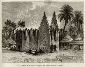 Die Moschee von Lokhognile (Golf von Guinea). Gravur von Riou zur Illustration der Geschichte „Vom Niger zum Golf von Guinea“ von Kapitän Louis Gustave Binger (1856-1936), 1887-1889, in Le tour du monde, nouveau journal des voyages, unter der Leitung von von Edouard Riou
