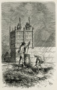 Der Tapial, eine alte Technik des Baus von Lehmwänden mit einer Holzschalung, verdichtet durch Stampfen und getrocknet durch die Sonne, Gravur von Riou, zur Illustration der Geschichte L