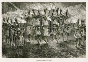 Der Fackelzug durch die Straßen von San Jose, Zeichnung von E. Riou, um die Reise in die Region Titicaca und die Täler des Ostens von Unterperu in 1873 von Paul Marcoy zu illustrieren. Gravur in Le tour du monde