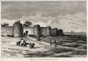 Die Stadt Tiong-Gi (Tiong Gi, Mali) mit ihren Befestigungen und Lehmhäusern. Gravur von Riou zur Illustration der Geschichte „Vom Niger zum Golf von Guinea“ von Hauptmann Louis Gustave Binger (1856-1936), veröffentlicht in Le Tour du monde