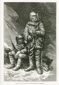 Die Reisetracht von Leutnant Payer und Leutnant Weyprecht, mehrere Kleidungsschichten, um den Schneestürmen zu trotzen, eine einziehbare Lederjacke, um das Gesicht vor Frost zu schützen, Stiefel und Fäustlinge aus Segeltuch und Flanell und schwere Brillen.