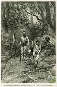 Der Reisende entfaltet die Trikolore an den Quellen des Orinoco. Gravur von Riou zur Illustration der Geschichte „Reise zu den Quellen des Orinoco“ 1886-1887, von Jean Chaffanjon, im Auftrag des Bildungsministeriums, in Le Tour du monde 1888, herausgegeben von Edouard Riou