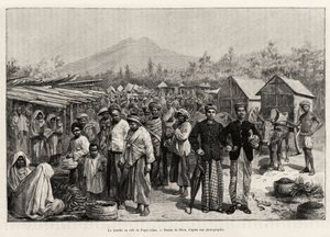 Der Spaziergang im Pager Alam Café (Malaysia). Gravur von Riou zur Illustration der Geschichte 