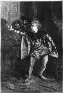 Theateraufführung: „Der König amüsiert sich“ von Victor Hugo (1808-1883). Akt III Szene III: Vorzimmer des Louvre, Triboulet (Edmond Got von Edouard Riou