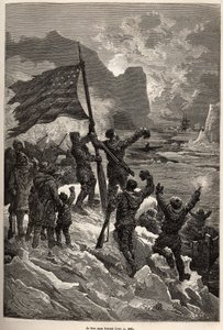 Die Besatzung von Tyson, nach mehreren Tagen auf einem Eisberg treibend, sah schließlich einen Walfänger und schwenkte die amerikanische Flagge, um gesehen und gerettet zu werden, graviert nach einer Zeichnung von E. Riou, zur Illustration der Geschichte d von Edouard Riou