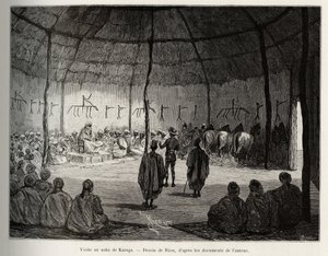 Besuch beim Naba von Karaga (Ghana). Gravur von Riou zur Illustration der Geschichte „Vom Niger zum Golf von Guinea“ von Hauptmann Louis Gustave Binger (1856-1936), veröffentlicht in Le Tour du monde von Edouard Riou